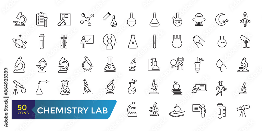 Wall mural chemistry lab and diagrammatic icons set. related to showing assorted experiments. collection and pa
