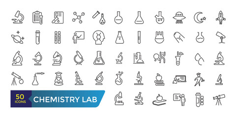 Chemistry lab and diagrammatic icons set. Related to showing assorted experiments. Collection and pack of linear web and ui icons. Editable stroke. Vector illustration