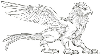 Obraz premium Sketch outline of a griffin with a proud stance, outlined for coloring, on a white background.