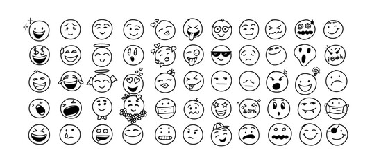 Round emoticons with doodle emotions, linear style