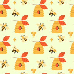 beehive and bees seamless pattern