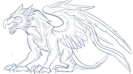 Fototapeta premium Sketch outline of a griffin roaring, outlined for coloring, on a white background.