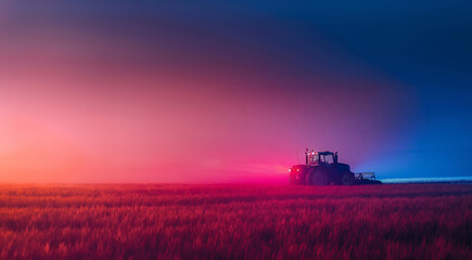 Fototapeta premium Tractor With Red And Blue Lights In Field Under Dusk Sky