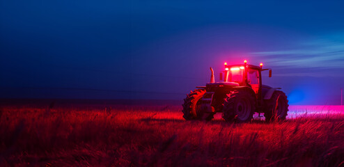 Fototapeta premium Tractor With Red And Blue Lights In Misty Field During Dusk..