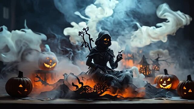 光るカボチャと光る煙が揺れる夜の幻想的な映像