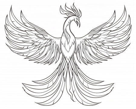 recommend clip art: Sketch outline of a phoenix with spread wings, outlined for coloring, on a white background.