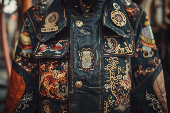 A man wearing a leather jacket adorned with patches, A stylized representation of a firefighter's uniform with intricate patterns and designs
