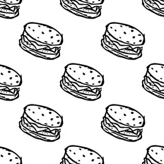 Seamless burger pattern. Drawn hamburger background. Doodle hand drawn hamburger illustration