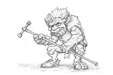 Sketch outline of a troll with a club, outlined for coloring, on a white background.