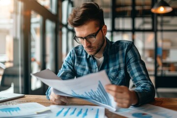A man, identified as a successful entrepreneur, sits at a table engrossed in reading a financial report, A successful entrepreneur reviewing financial reports with a focused expression