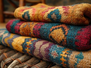 Fototapeta premium Detailed view of handwoven fabric with traditional patterns, 8K, Full HD. 