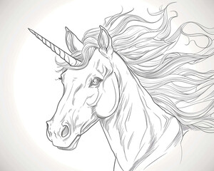 Sketch outline of a unicorn with a flowing mane, outlined for coloring, on a white background.