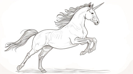 Sketch outline of a unicorn rearing up, outlined for coloring, on a white background.