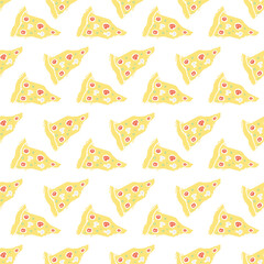 Seamless pizza pattern. Doodle pizza background. Hand drawn illustration with pizza icons. Fast food pattern