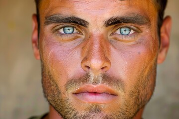 Captivating close-up of a man with striking blue eyes and sun-kissed skin