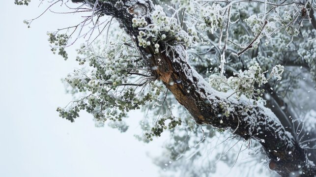 Mistletoe covered tree in the winter