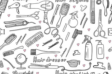 Seamless pattern of hairdresser tools in doodle style. Hair dryer, comb, hair brush, hairpin, invisible, mirror, scissors, hairgrip, hair-slide,shampoo, curling iron. Stylist. Beauty salon. Hand drawn