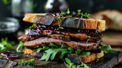 Sandwich made with duck breast berry sauce and avocado