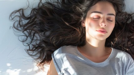 A person reclining on a bed with their eyes shut, possibly sleeping or relaxing
