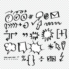 Chalk pencil sketch set of arrow, speed bubble, underline, hash tag, punctuation mark