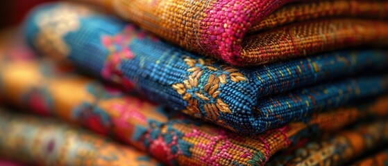 Fototapeta premium Detailed view of handwoven fabric with traditional patterns, 8K, Full HD. 