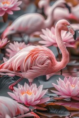 Naklejka premium Pink flamingo standing on one leg surrounded by water lilies