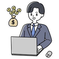 ノートパソコンの前でお金を貯めるスーツ姿の男性