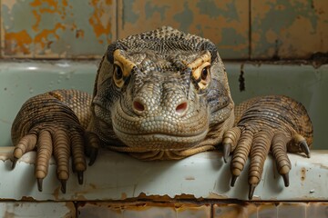 Large lizard resting in a bathtub looking forward
