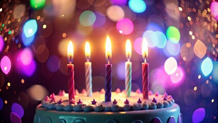 A close-up of a birthday cake with candles and a backdrop of colorful bokeh lights, perfect for a festive occasion