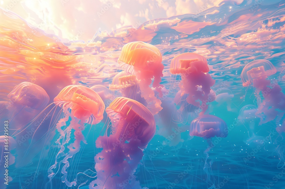 Sticker Pink jellyfish swimming in ocean with sunlight shining through water surface