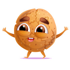 Funny cute crispy traditional cookie cartoon character on the walk. Element for print, postcard illustration isolated on white.
