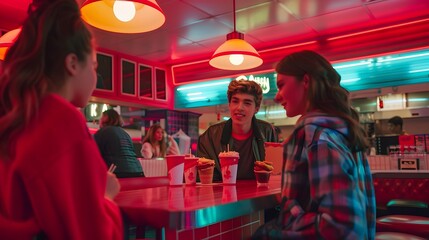 Fototapeta premium Photos of teenagers socializing and making friends in the 80's in synthwave 80's style.