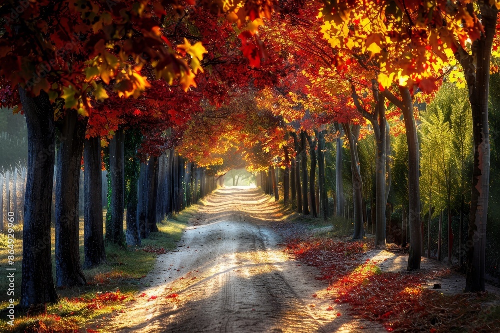 Poster A sunlit dirt road winds through a forest of trees, creating a picturesque scene, A sunlit pathway lined with trees showing off their colorful foliage