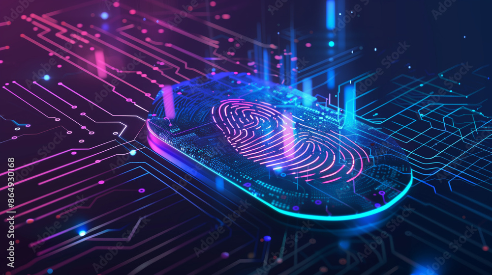 Poster futuristic cyber security technology linked with fingerprint authentication digital data protection 