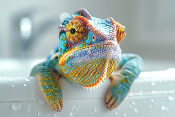 Colorful chameleon posing on the edge of a bathtub