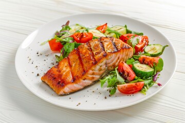 photo of a healthy and delicious meal, perfectly grilled salmon fillet served with a medley of fresh vegetables