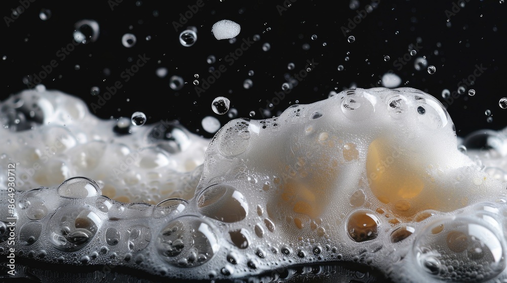 Poster A close-up view of soap bubbles on a black surface, perfect for use in illustrations or as a background texture