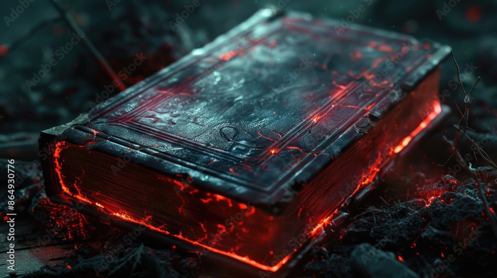 Poster a book with a glowing cover sitting on a pile of leaves, suitable for use in fantasy or magical them