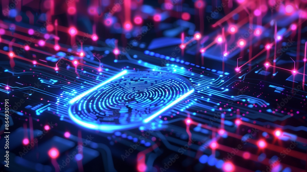 Poster futuristic cyber security technology linked with fingerprint authentication digital data protection 