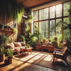 Fototapeta premium Spacious modern living room with a stunning view features sleek furniture and wooden accents for a luxurious feel