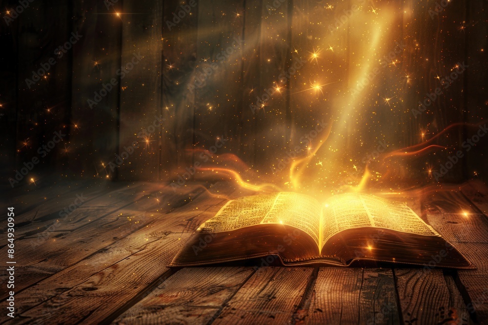 Poster a book with a bright light shining from within, placed on a wooden table