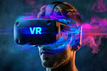 Fototapeta premium Man enjoying VR in a high-tech workspace, advanced technology, immersive virtual reality experience, and modern digital innovation.