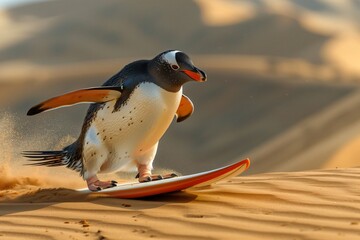 Gentoo penguin sandboarding down sandy hill at sunset
