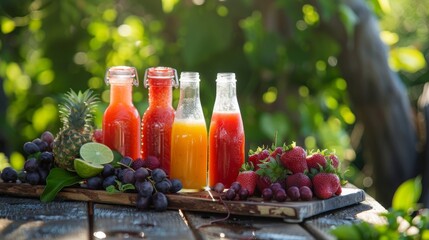 A variety of fresh juices squeezed from locally sourced fruits and served in quaint glass bottles adding a burst of flavor to the outdoor meal.