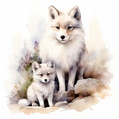 Obraz premium family Arctic Fox, full body, soft tones, watercolor, isolated a white background