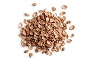 Naklejka premium A collection of various nuts arranged neatly on a white background, perfect for food or decorative purposes