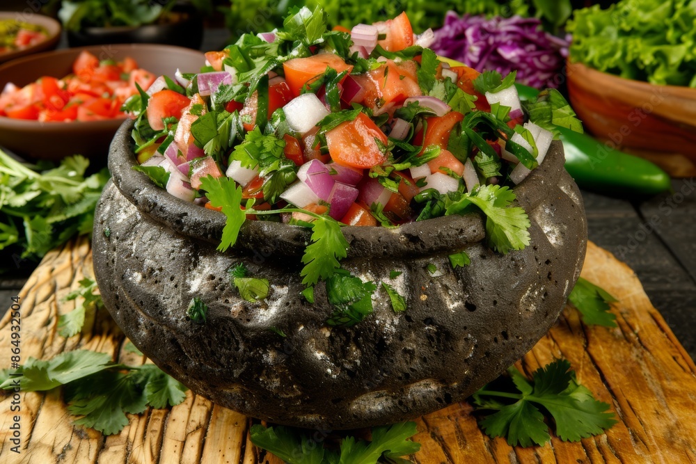 Wall mural Fresh traditional pico de gallo in a rustic stone bowl