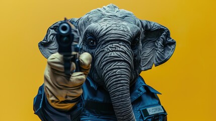 Angry Elephant Police costume, holding gun ready to shoot, isolated color background