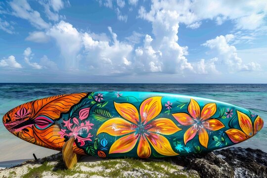 Colorful surfboard laying on a rock near the ocean, vibrant tropical colors catching the eye, A surfboard covered in vibrant tropical colors