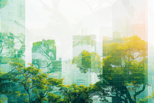 Double exposure of green forest and modern city. Blend between technology and. Eco-friendly living urban development. The concept of the evolution from industrial to sustainable design.